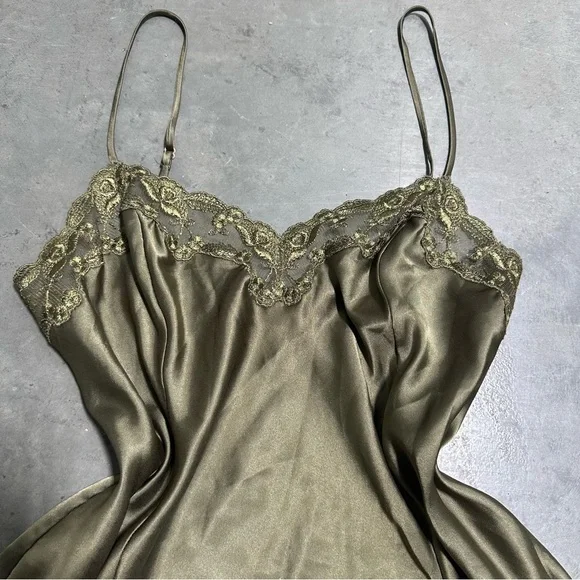Vintage 2000s Olive Green Victorias Secret Satin Slip Dress - Picture 2 of 5